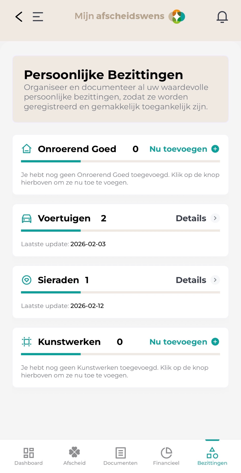 Persoonlijke bezittingen in de Mijn Afscheidswens app