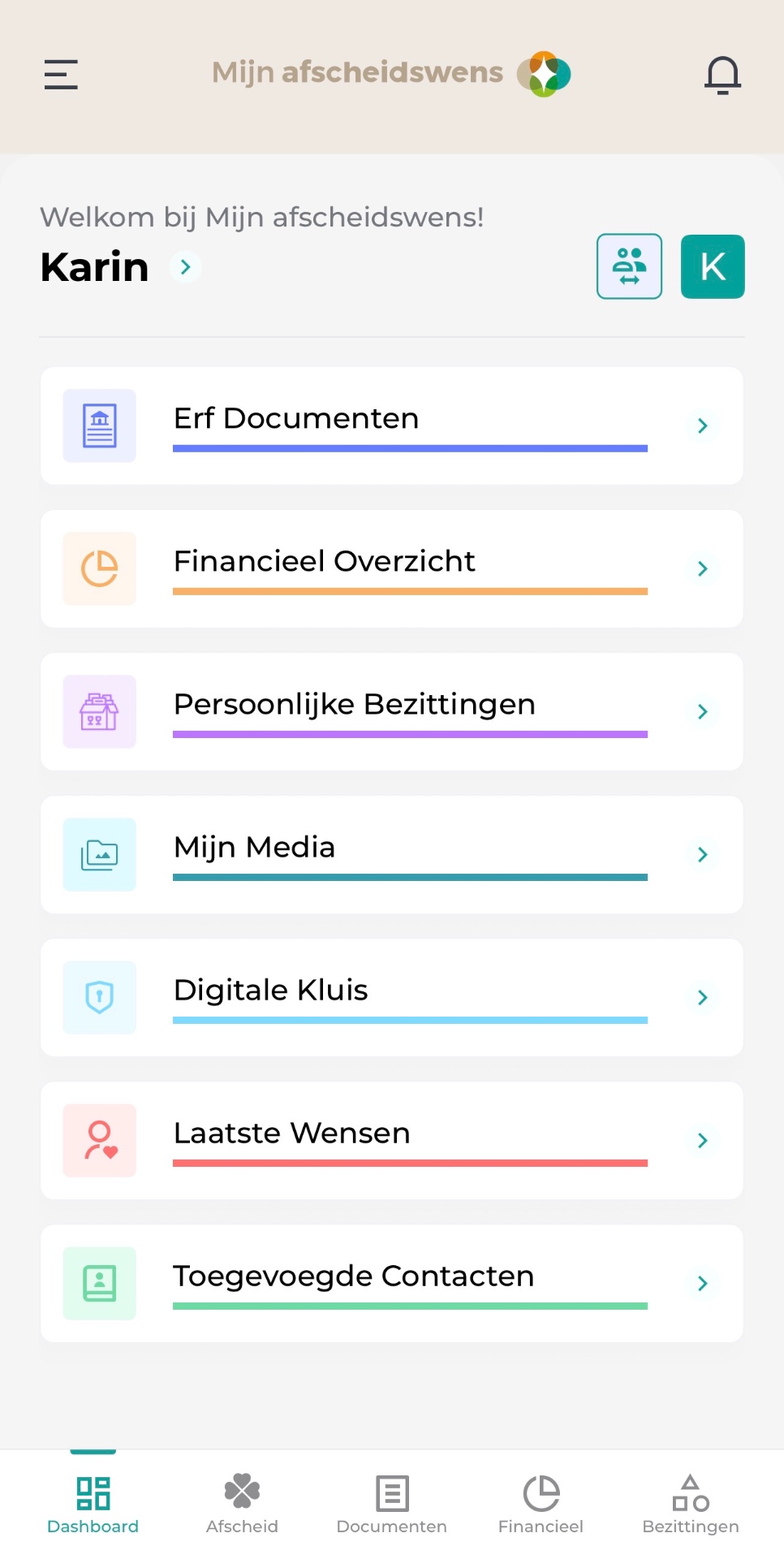 Dashboard in de Mijn Afscheidswens app
