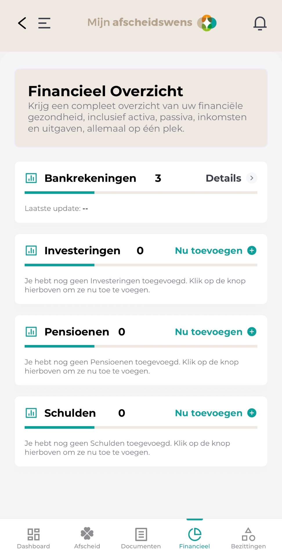 Financieel overzicht in de Mijn Afscheidswens app